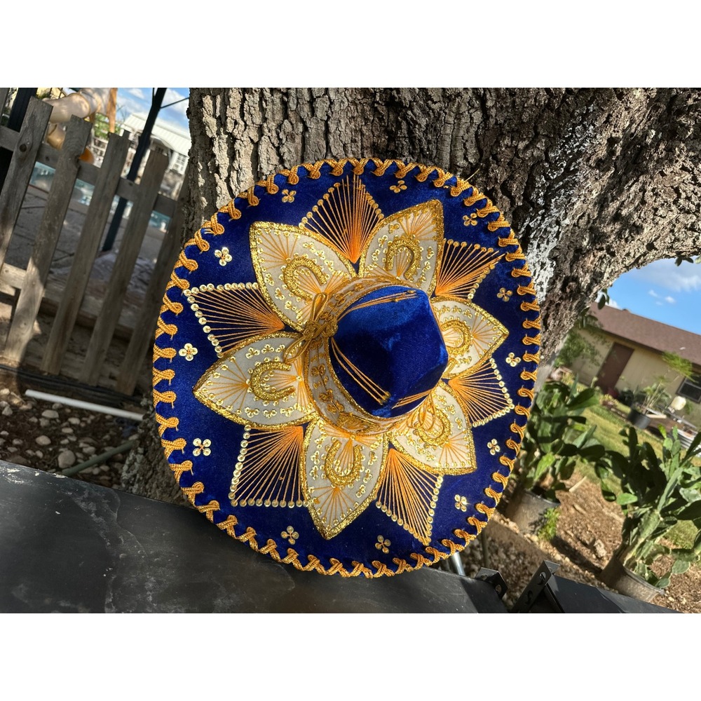Belri Hats Mexican Sombrero Blue Velvet Gold Embroidery Charro Hat Mexico